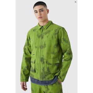 BOOHOOMAN Men's Twill Tie Dye Harrington Jacket Size M In Green